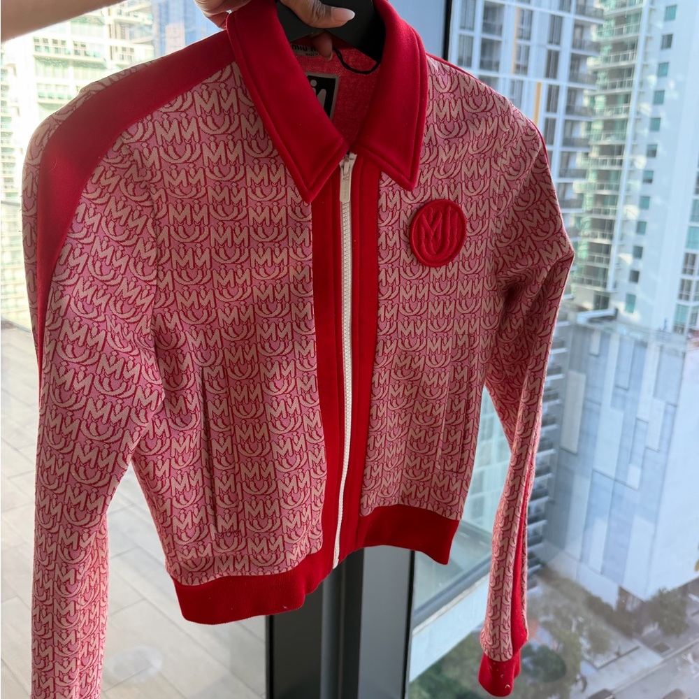 Miu Miu Red and White Patterned Bomber Jacket